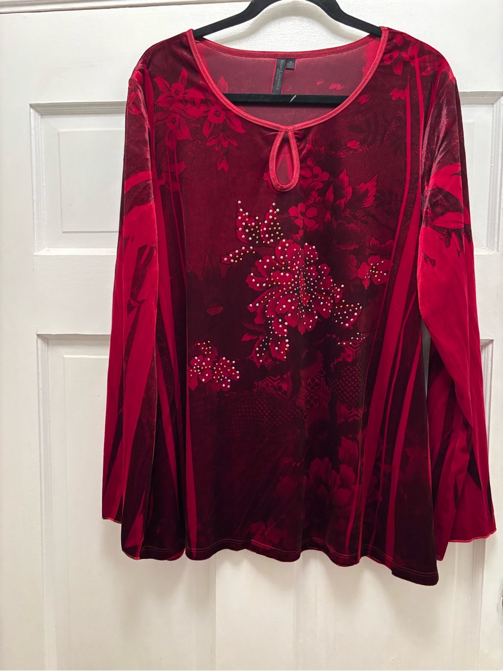 Women's Red Velvet Floral Embellished Long-Sleeve Top
Size 1X
